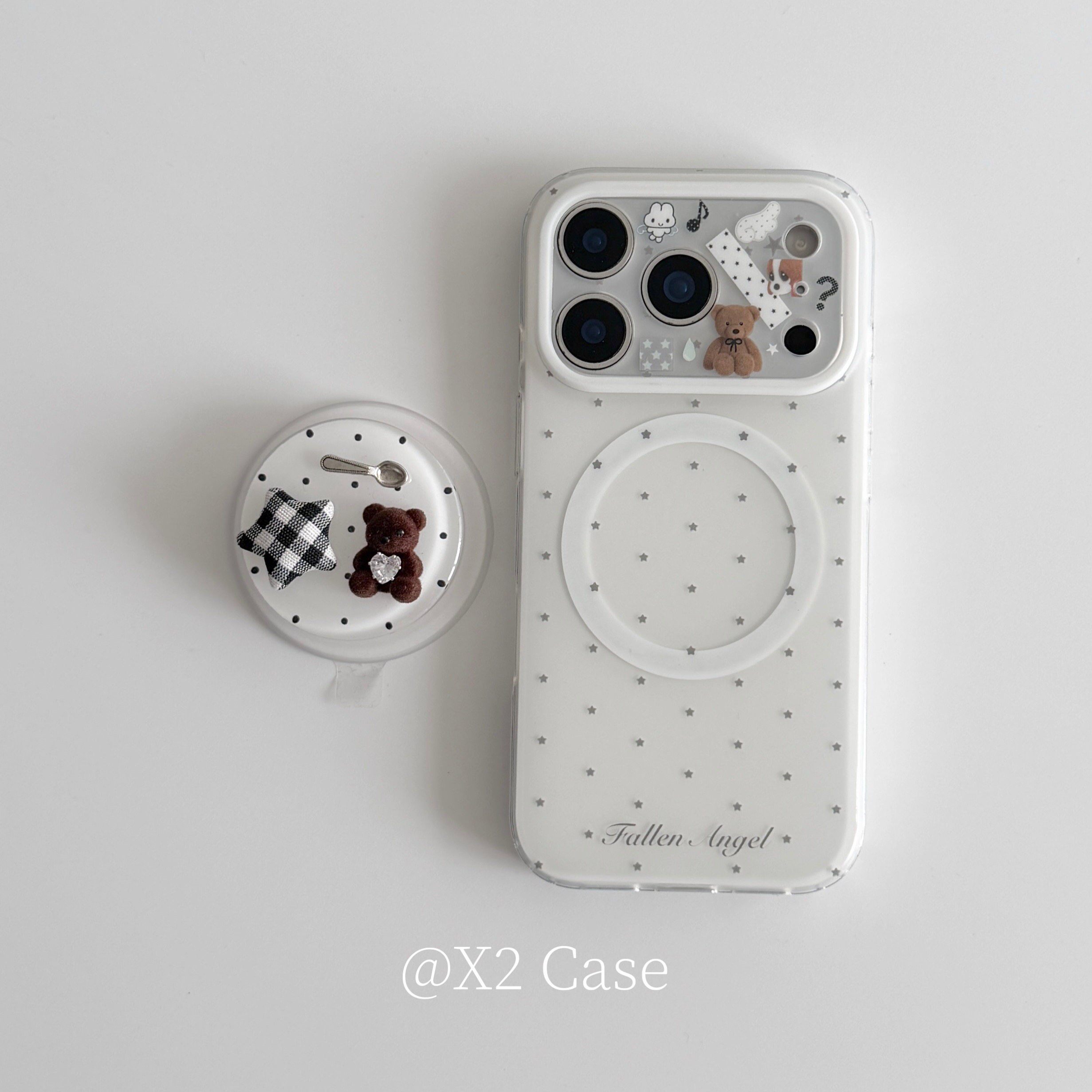 X2 Case时髦小众白底星星格纹勺子小熊磁吸磨砂 15pro适用17苹果16ProMax手机保护壳iphone17pro新款14保护套