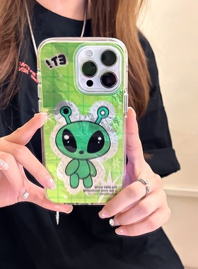 ruomo case趣味卡通绿色小怪外星人适用苹果16/17promax/iPhone15pro手机壳14proMax女款14圆边防摔13保护套