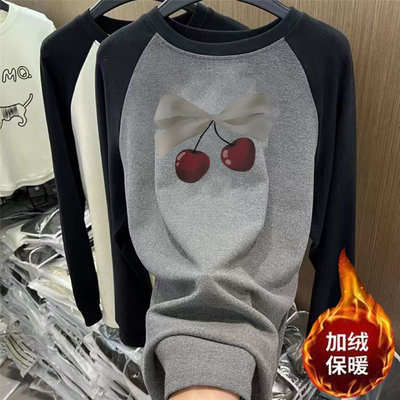 德绒磨毛插肩长袖t恤女中长款宽松大码过臀加绒打底衫上衣秋冬季