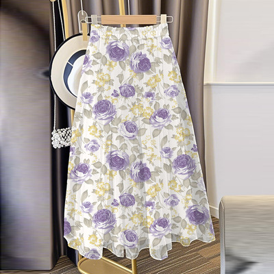 洋气2025女士百搭碎花显瘦高腰休闲宽松气质雪纺印花过膝半身裙