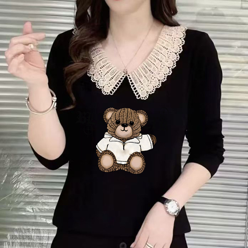 2025新款长袖t恤女百搭宽松时尚花边减龄翻领设计感娃娃领上衣