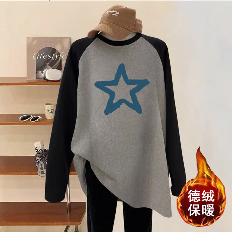 德绒撞色长袖t恤女中长款遮屁股百搭上衣秋冬季新款休闲宽松女装