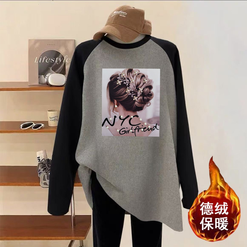 秋冬新款撞色中长款德绒长袖t恤女休闲显瘦韩版遮肉时尚内搭上衣