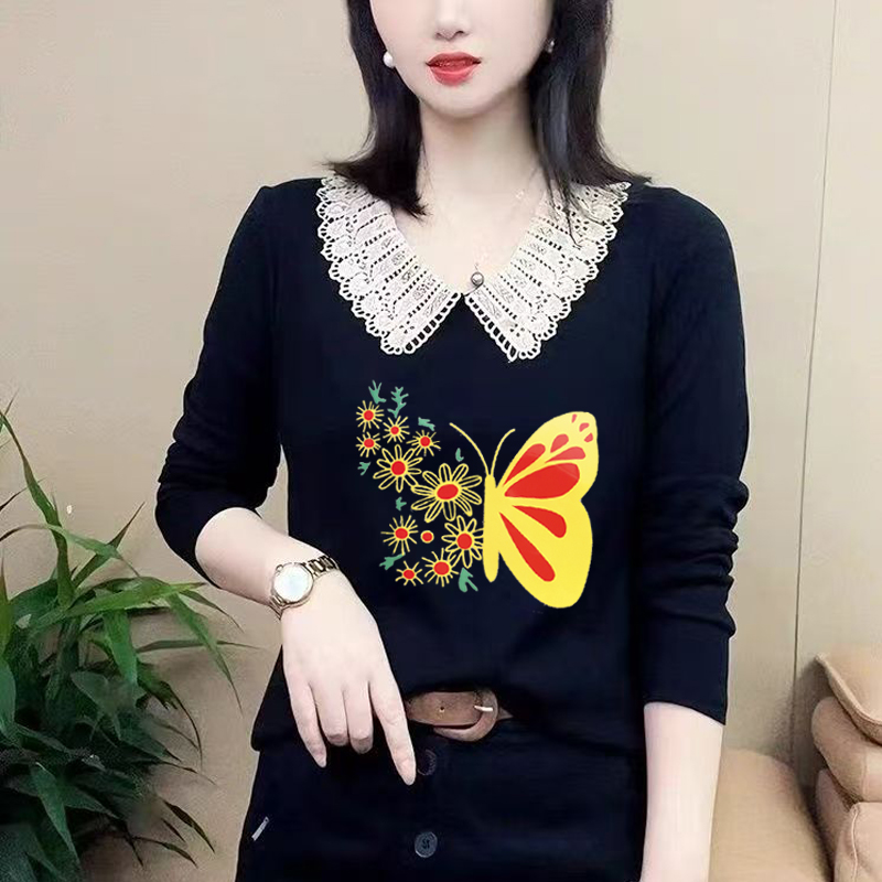 春秋款T恤女宽松花边领气质减龄拼接显瘦长袖休闲小众设计感上衣