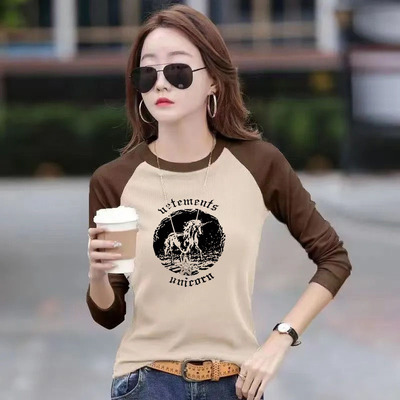 2024年春秋新款洋气宽松百搭时尚胖MM撞色印花拼接休闲长袖t恤ins