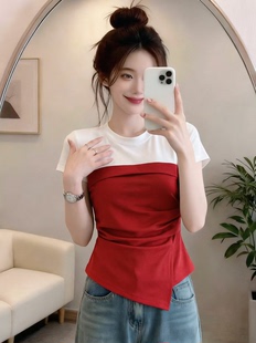 超好看红白拼接假两件短袖t恤女夏季2026新款设计感修身显瘦上衣