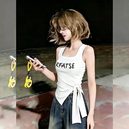 绝美白色吊带背心女外穿春夏季不规则绑带无袖RFATSE印花t恤上衣
