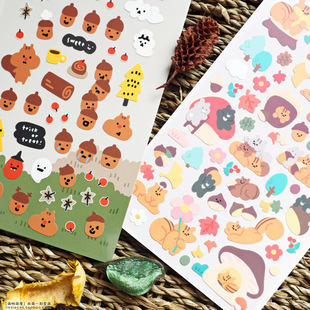 韩国Bonito 松鼠松果橡子秋天枫叶南瓜手帐日记装饰diy贴纸画磨砂