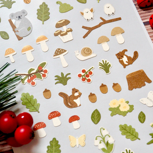 Suatelier天然森林松鼠松果猫头鹰橡子浆果考拉手帐装饰diy贴纸画