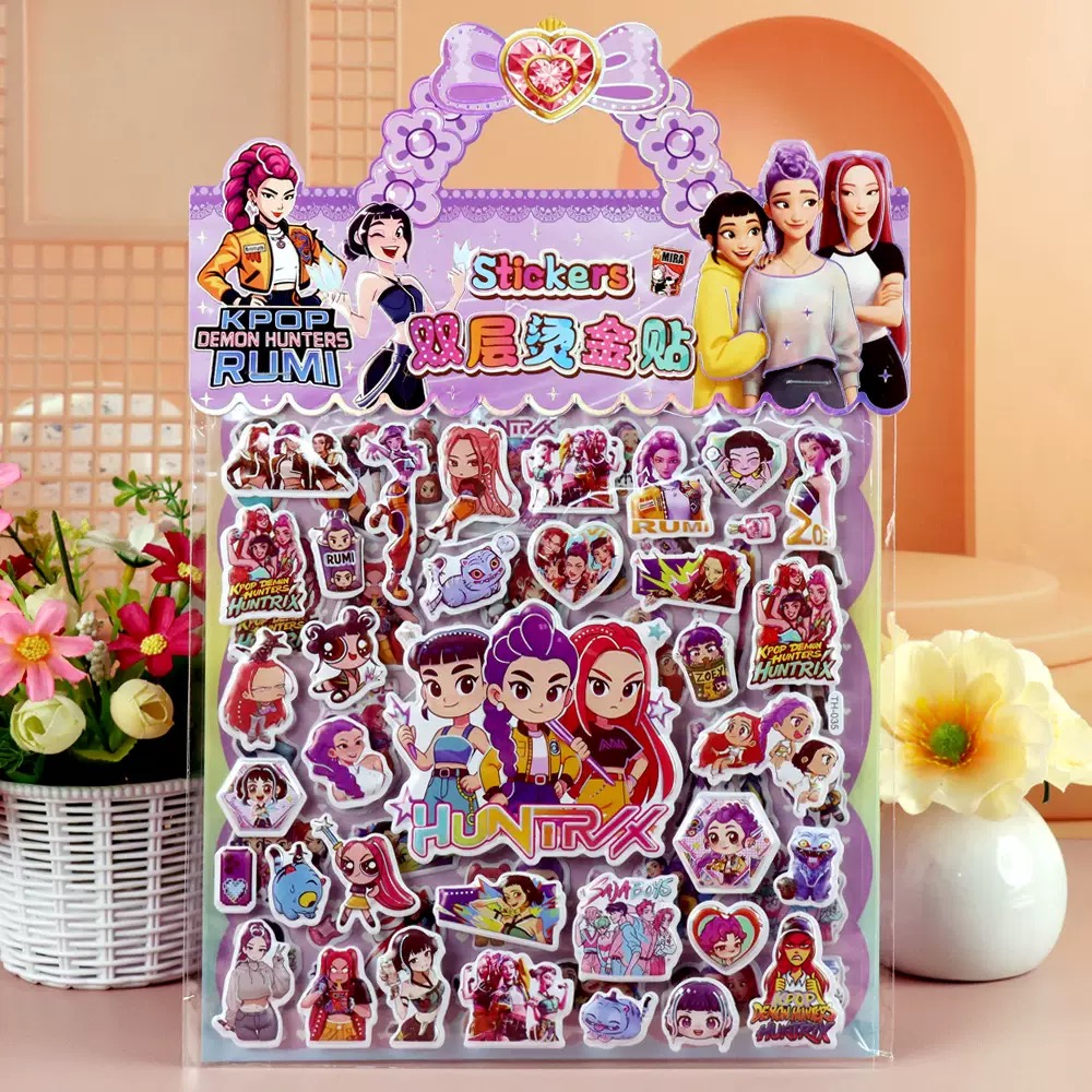 新款跨境疯狂城猎魔女团山海经儿童卡通动物双层立体泡泡贴纸可爱