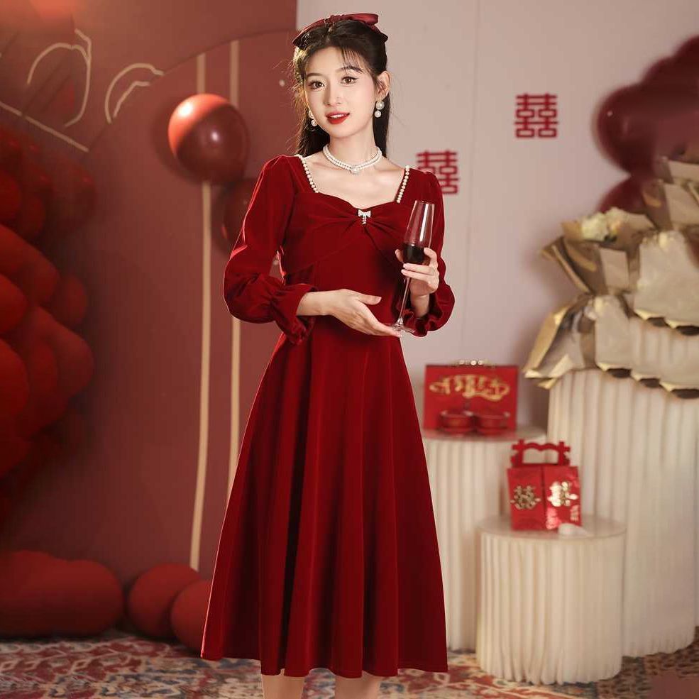 新娘秋冬长袖金丝绒结婚订婚礼服