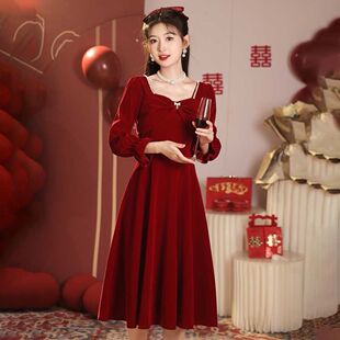 中长款 金丝绒结婚订婚礼服回门便装 连衣裙 秋冬长袖 敬酒服新娘新款