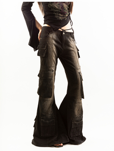 ROCKSTAGIRLS Trailer Park Addiction系列水洗重工牛仔喇叭长裤