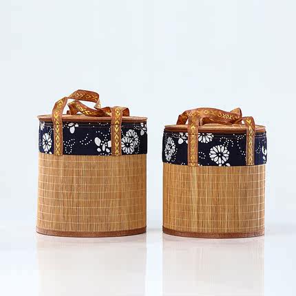 竹制兰花布圆形普洱茶七子饼竹篮外包装茶叶礼品包装竹篓