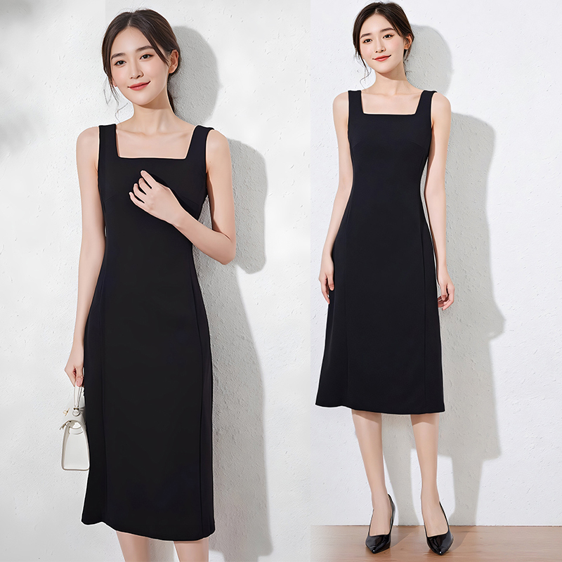 大码女装2025夏季新款胖mm遮肉显瘦高级感黑色吊带无袖背心连衣裙
