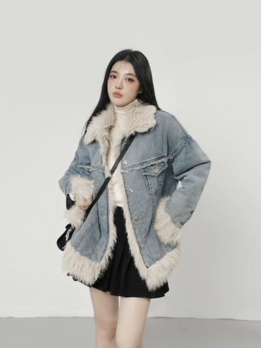 Флисовая джинсовая стеганая утепленная куртка