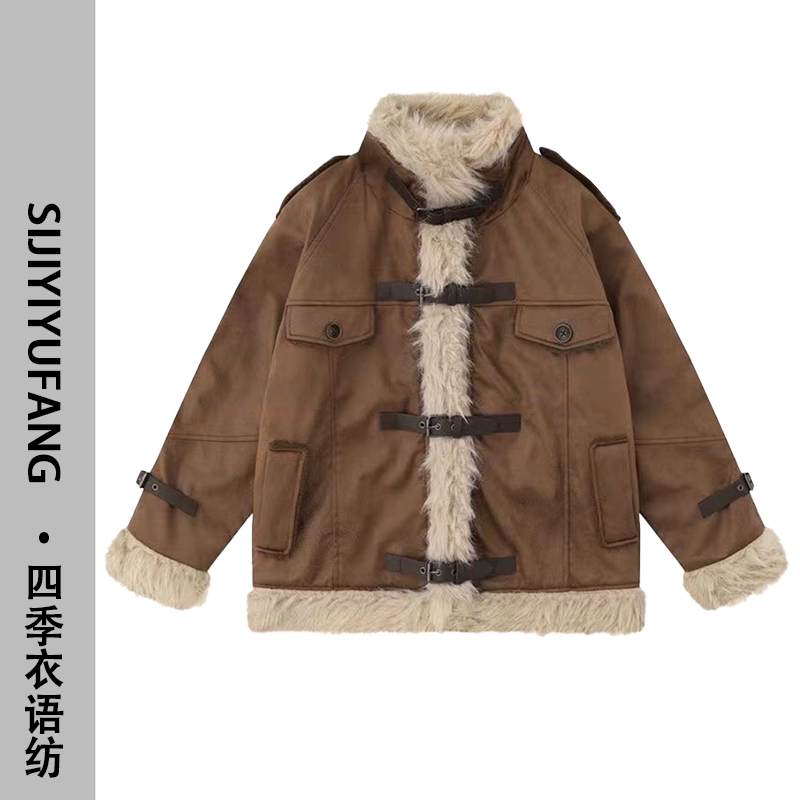 复古麂皮加绒美拉德机车服