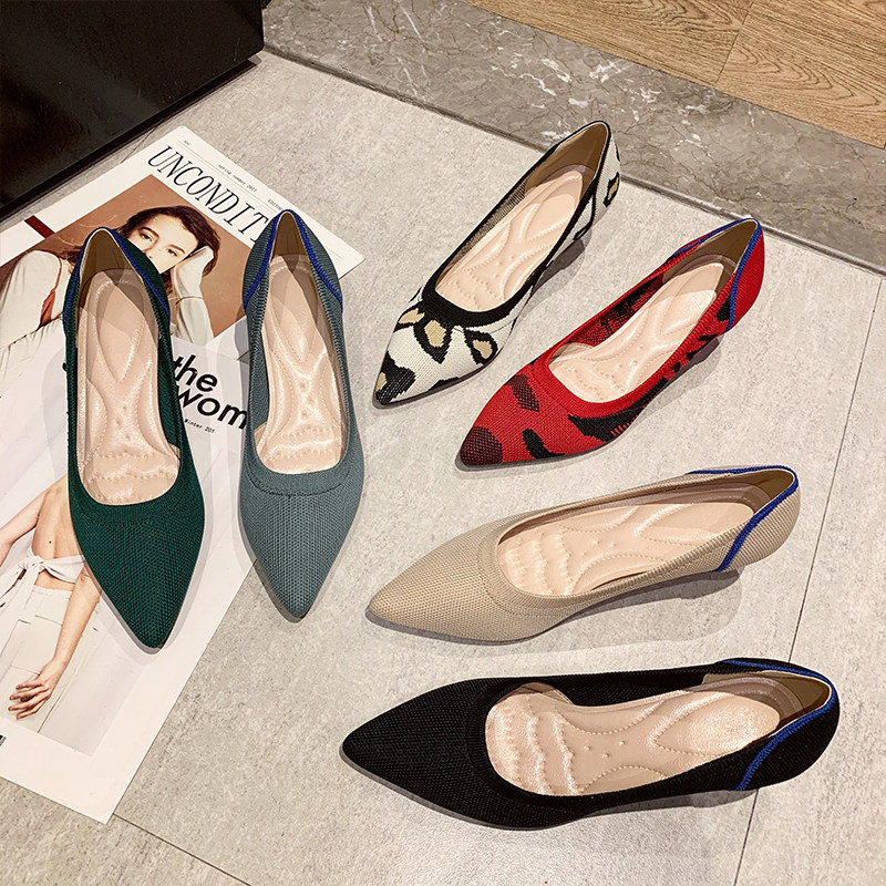 2021新款中跟飞织尖头高跟鞋王妃鞋细跟编织鞋豹纹透气针织单鞋女