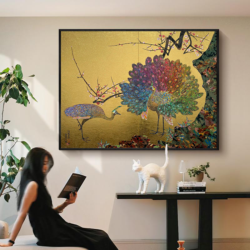 村上隆画作新中式客厅装饰画高级感金箔喷绘书房挂画玄关复古壁画