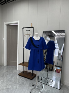 复古蓝色系短袖 百搭连衣裙通勤气质呢料套头秋冬款