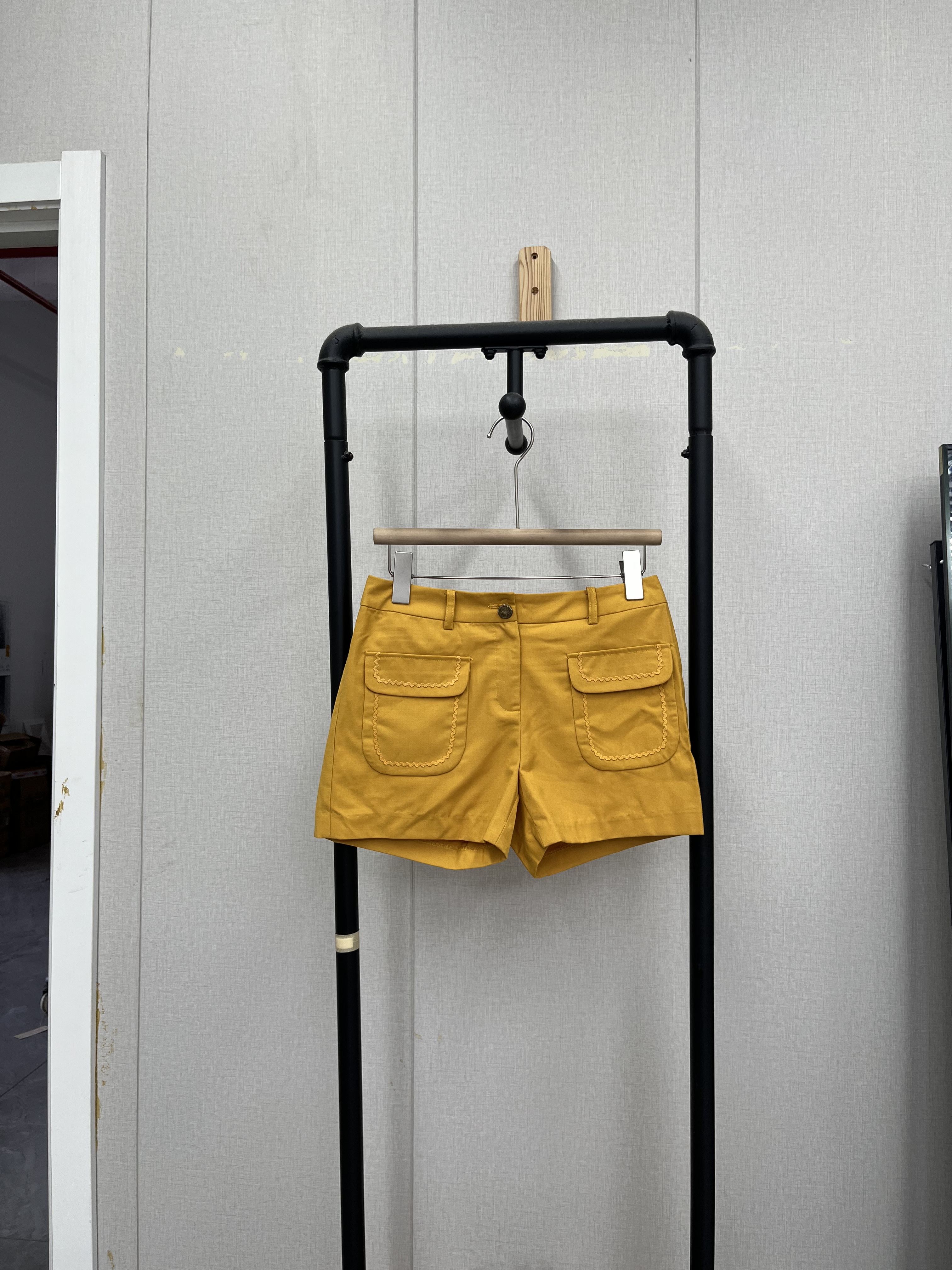 复古亮黄色中低腰蕾丝口袋设计百搭休闲裤短裤夏
