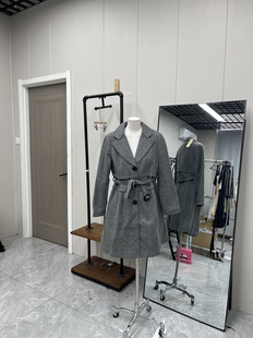 百搭灰色系呢料大衣腰带设计中长款 秋冬小香风外套