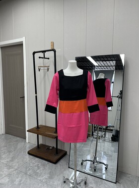 色彩拼接时尚通勤减龄长袖连衣裙淑女显瘦春秋显瘦