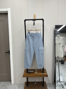 浅蓝色复古百搭呢料休闲裤束腿设计高腰工装裤休闲