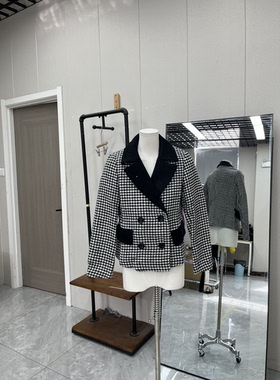 复古千鸟格时尚呢料西服外套气质通勤简约女款百搭款