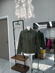 复古竖条纹长袖衬衫春秋款复古深绿色百搭显白显瘦