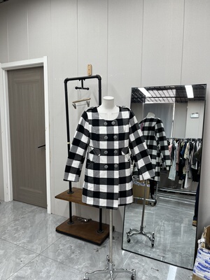 黑白格子秋冬款风衣外套时尚百搭双排扣减龄休闲