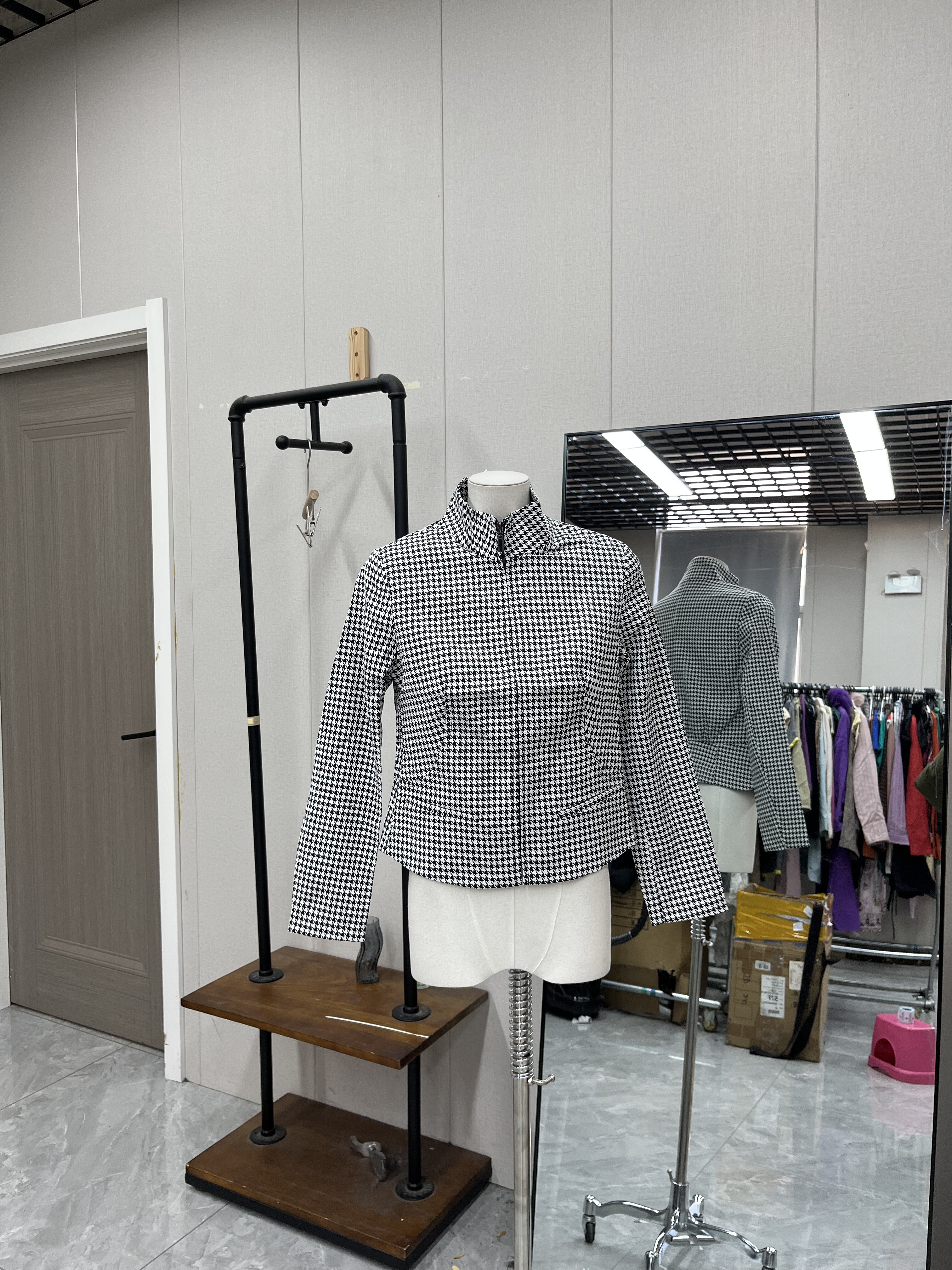 夹克外套上衣链接千鸟格立领长袖春秋款修身百搭气质款