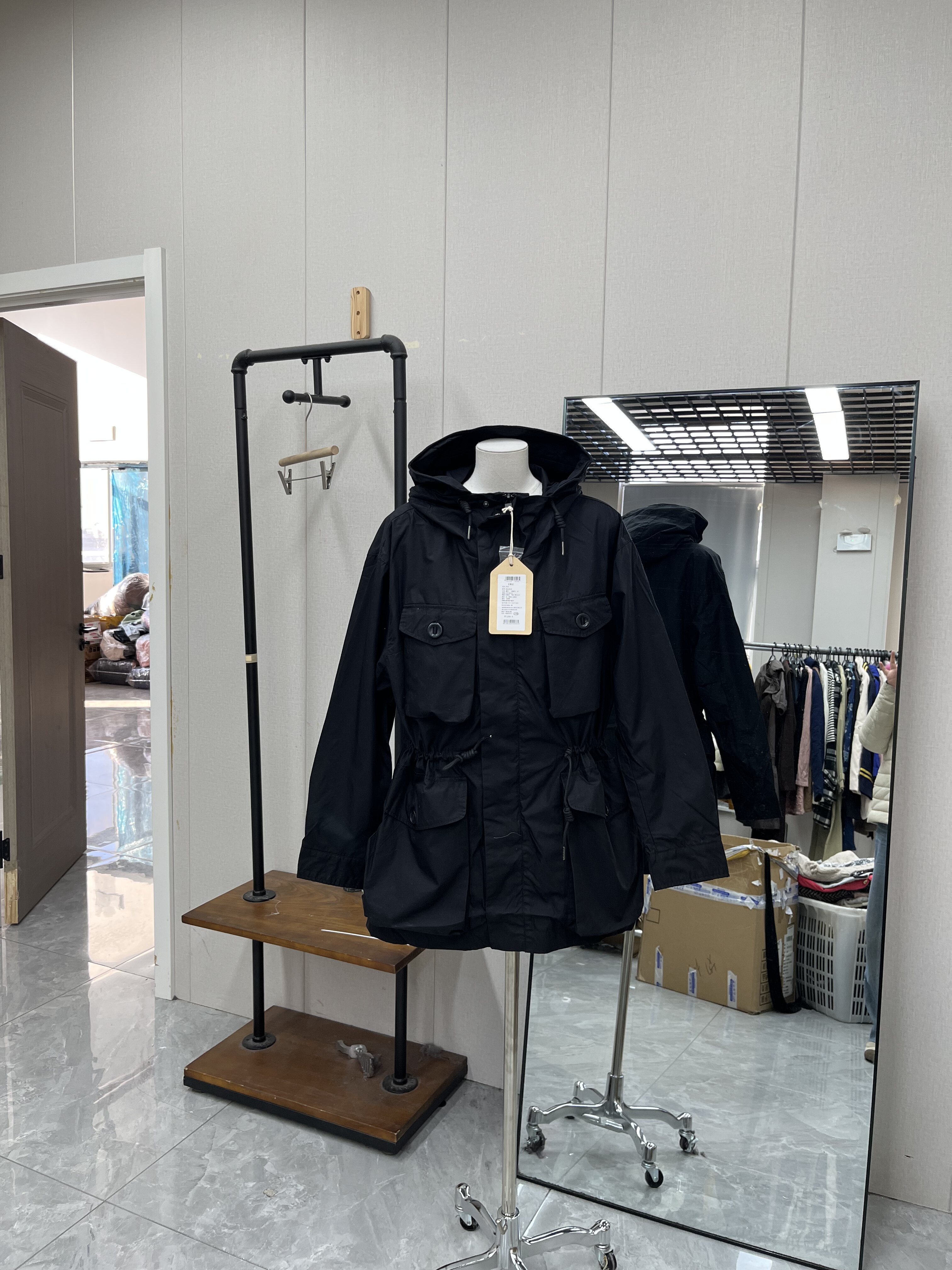 高品质复古连帽黑色可收腰风衣外套中长款百搭显瘦款