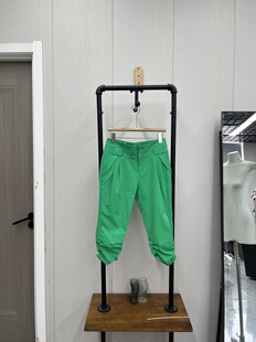 通勤休闲 脚松紧褶皱设计百搭夏季 绿色高腰休闲裤 裤