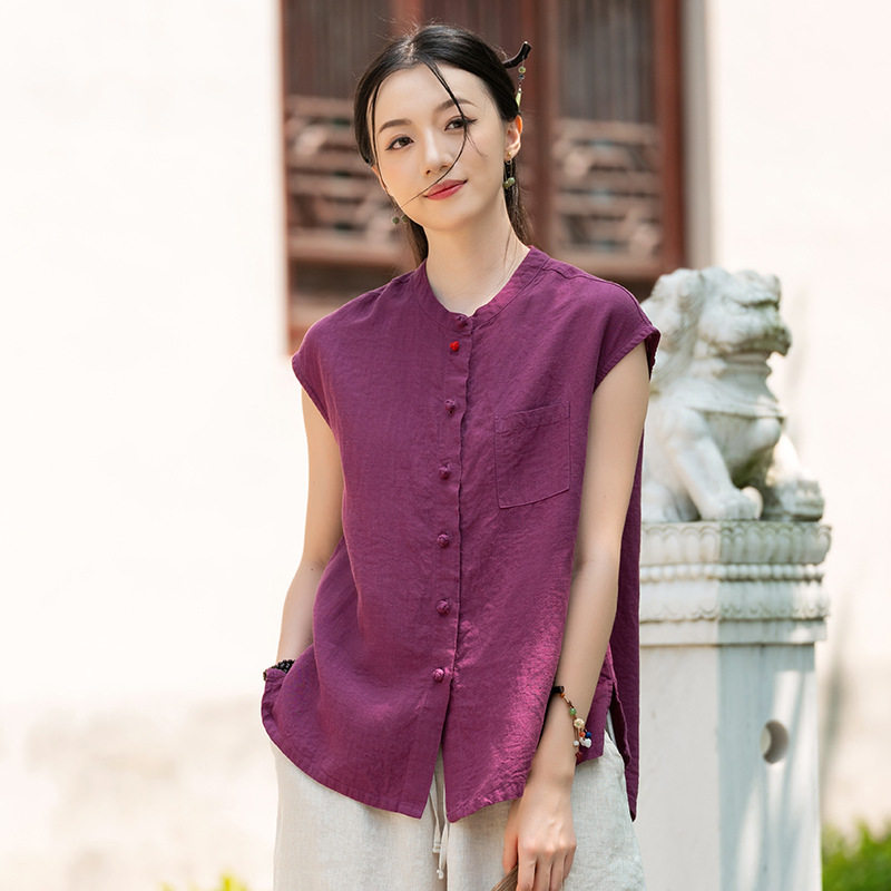 默念依旧原创棉麻复古禅意盘扣上衣女式立领背心无袖衬衣小衫夏款