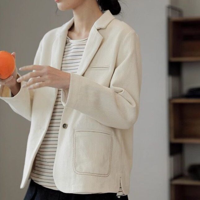 文艺棉麻女装休闲西服女春秋原生无染色长绒棉短款小西装牛仔外套