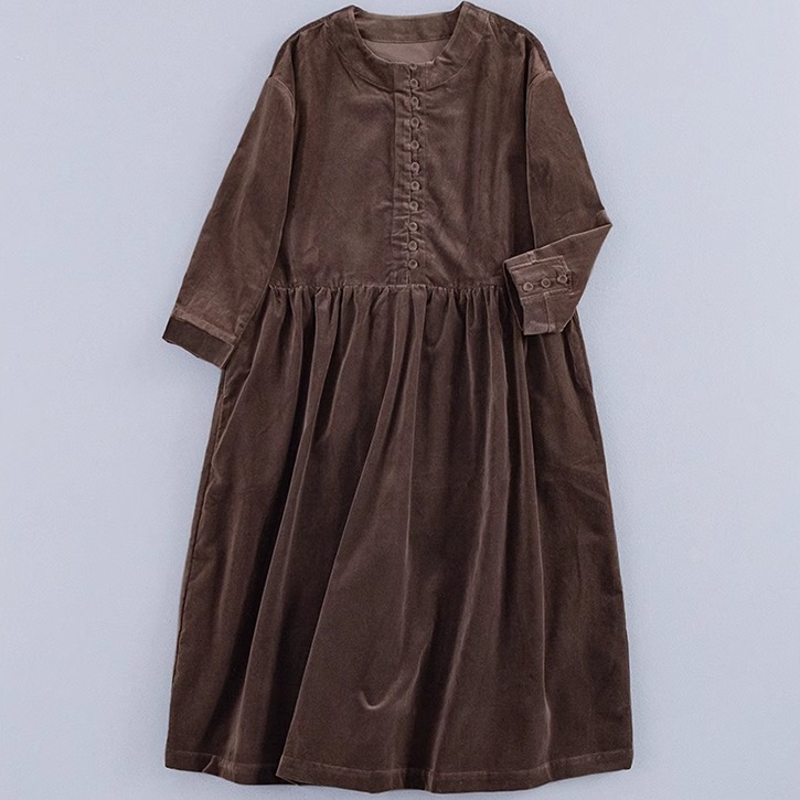 2025秋冬进口面料复古平绒加厚圆领宽松气质长袖秋冬连衣裙女