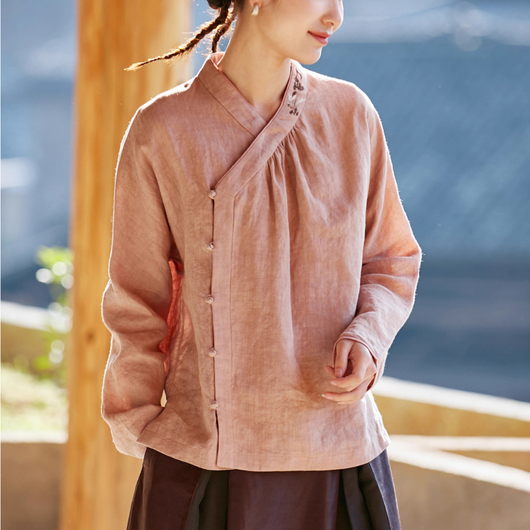 复古纯亚麻绣花新中式上衣2025春秋休闲褶皱文艺粉色国风长袖外套