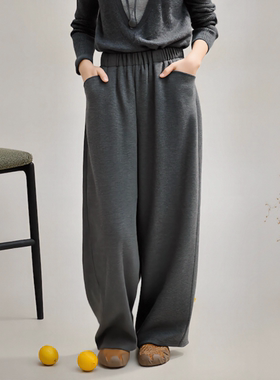 秋冬羊毛混纺软糯垂坠阔腿裤加厚复合绒显瘦保暖可水洗文艺休闲裤