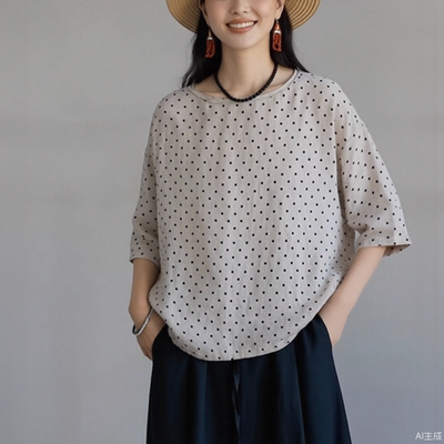 夏季新品21支原色雨露麻杏色小波点印花轻薄款圆领套头上衣