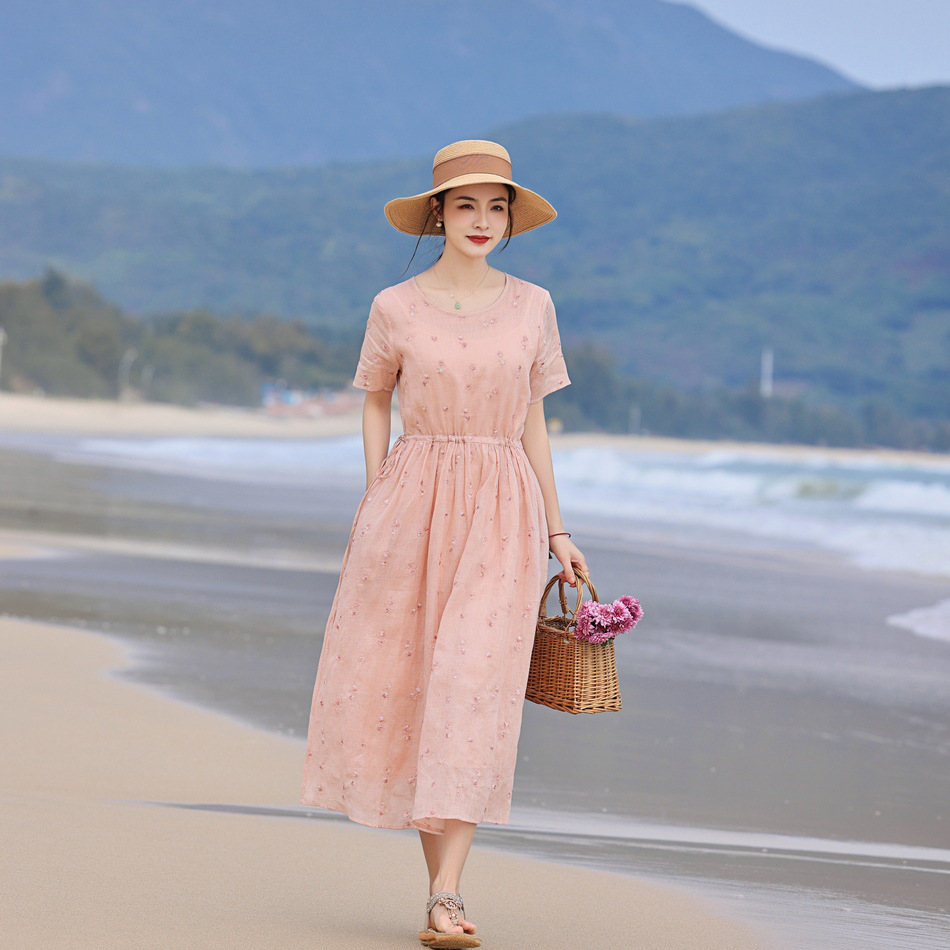 2025夏季新款原创女装 苎麻刺绣重磅短袖长款连衣裙 系带显瘦长裙