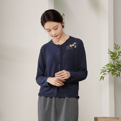 棉麻混纺薄毛织刺绣外套女
