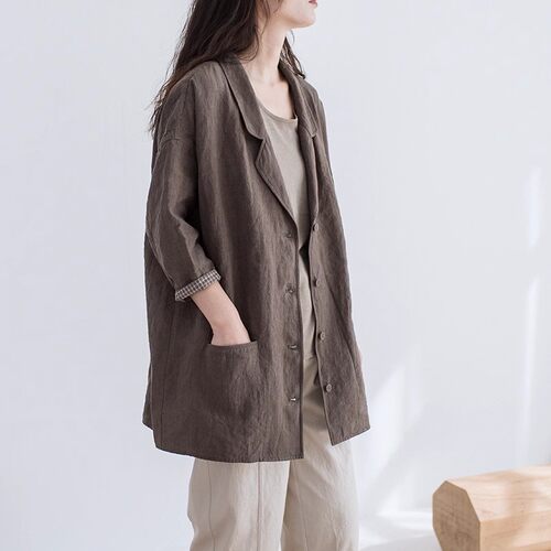 高密亚麻大地咖色西装女2026春秋新款进口面料休闲百搭中长款上衣