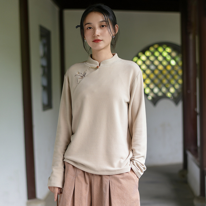 新中式女装2024秋冬新款半高领德绒打底衫女外穿刺绣国风内搭上衣