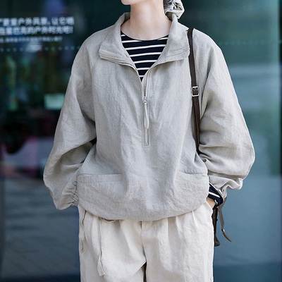 2026春秋款雨露麻色立领式半开襟宽松衬衫外套女纯亚麻上衣