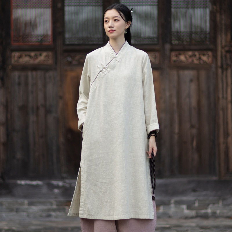 秋冬麻质长裙低开衩立领透气盘扣