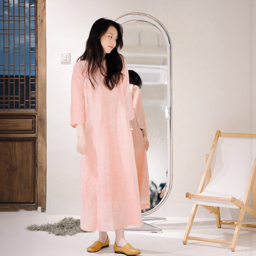 春夏女装复古新中式粉色气质亚麻扎染连衣裙七分袖宽松茶服女
