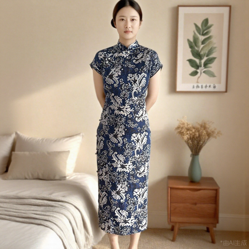 新中式国风青花瓷印花亚麻旗袍短袖长裙女装夏季薄款盘扣立领上衣