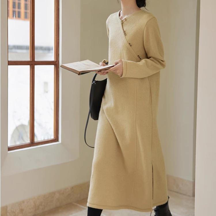 2025秋冬新款进口羊毛改良旗袍裙子复古手工盘扣长连衣裙
