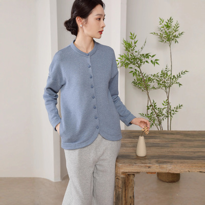 棉针织软糯中式圆领开衫外套